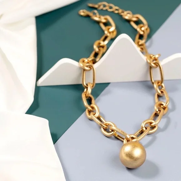 Zara Ball and Chain Matte Textured Gold Pendant Oval Circle Link Necklace Metal
